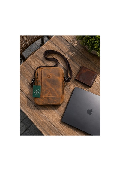 Alphaclub Bag Erkek Crazy Bej Hakiki Deri Postacı El Ve Omuz Çantası Orta Boy Model 002