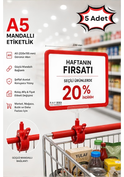 5 Adet - A5 Mandallı Etiketlik Fiyatlık Sepet Raf Askılık Fiyat Etiketi Çerçeveli Market Mağaza Kırmızı