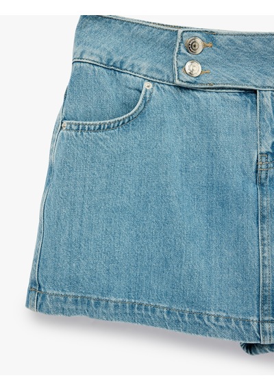 Koton Pamuklu Cep Detaylı Düğmeli Denim Mini Şort Etek Açık İndigo 6sal70043md