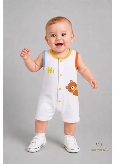 Babyden's Erkek Bebek Tulum Yazlık Pamuklu Şortlu Çıtçıtlı Ayıcık Baskılı Bebek Tulumu Yenidoğan Bebek Giyim 0-9 Ay Beyaz