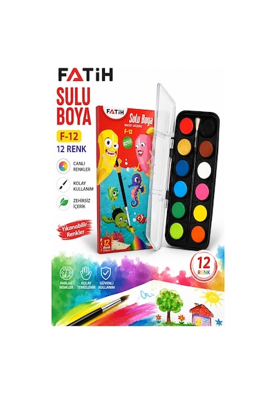12 Renk Sulu Boya 23mm 1 Paket Fatih F-12 12 Li Suluboya Fırça Hediyeli Canlı Renkler Kaliteli Yıkanabilir Zararsız Çok Renkli
