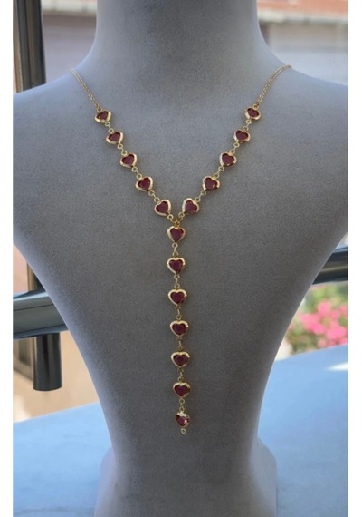 Kadın Gold Renk Zirkon Taşlı Özel Tasarım Y Model Kolye Pembe