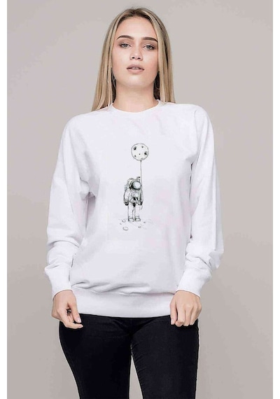 Astronot Balon Ay Baskılı Beyaz Kadın Sweatshirt