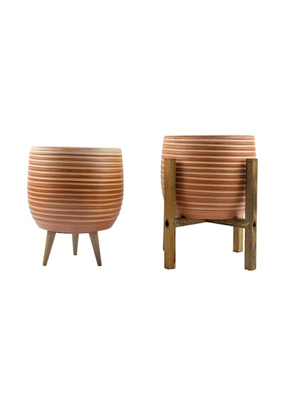 Bitki Tasarımı Ev Dekorasyon Yan Çizgi Desenli Toprak Saksı Saksılık Salon Çiçeklik İkili Set 3 Ayaklı- 4 Ayaklı- 19 Cm