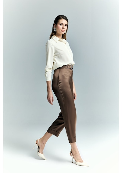 Lisa Saten Duble Paça Pantolon - Kahve-137241 Kahve