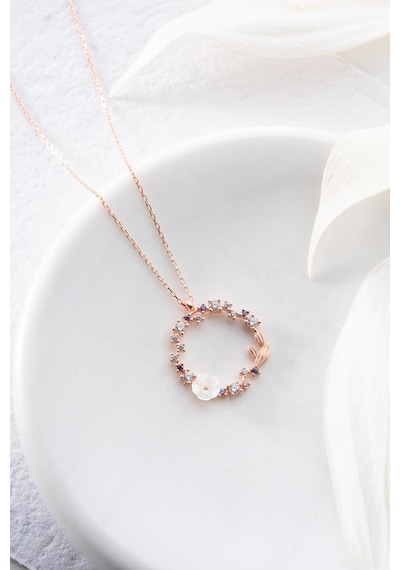 925 Ayar Gümüş Işıklı Kutuda Manolya Çiçeği Işıltılı Daire Model Kolye Rose Gold