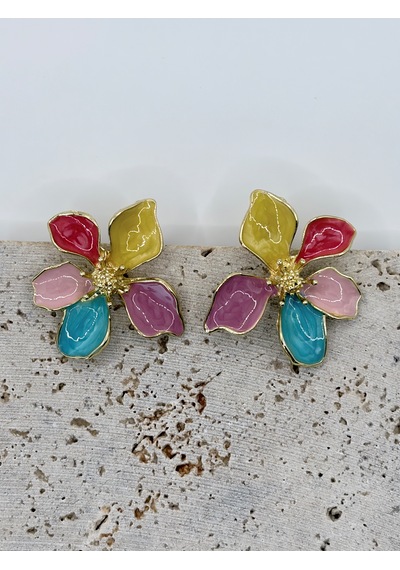 Renkli Çiçek Desenli Çelik Küpe Gold Detaylı Kadın Küpe 3,5 Cm Çok Renkli