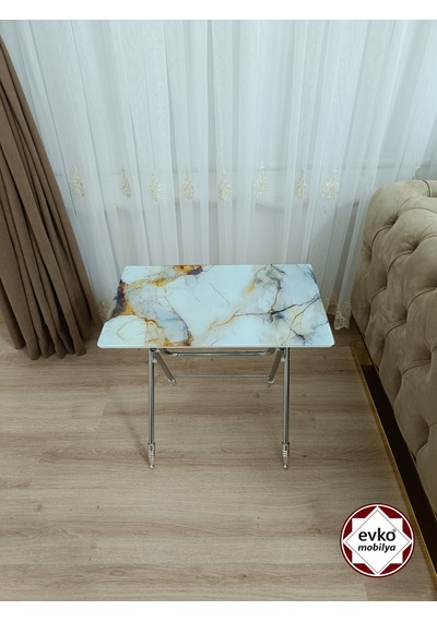 Evko Mobilya Çanta Zigon Sehpa, 4'lü Sehpa, Zigon Sehpa, Servis Sehpası, Camlı Sehpa, Katlanır Sehpa Mavi Mermerr Altın - Koyu Mavi