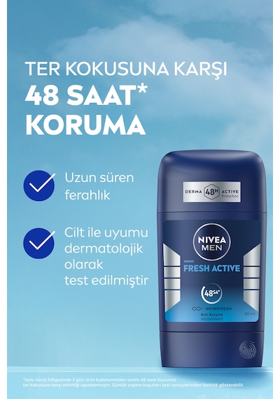 Men Erkek Stick Deodorant Fresh Active 50ml, Ter Kokusuna Karşı 48 Saat Koruma, Alüminyum İçermez