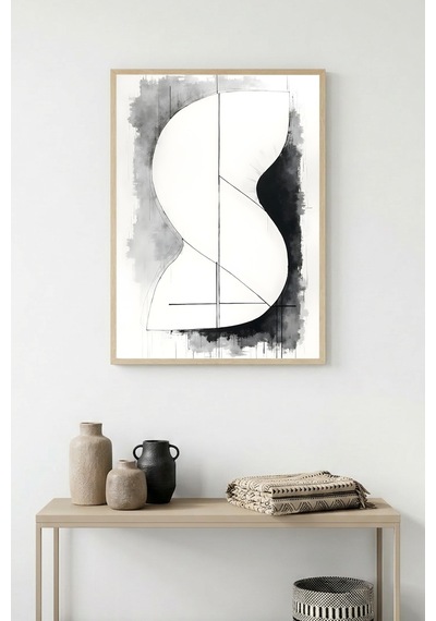 Doğal Ahşap Çerçeveli Soyut Minimalist Tablo - Siyah-beyaz Huhu1222