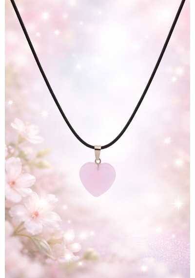 Pembe Kristal Kuvars Taşlı Kalp Kolye - Şeffaf Geçişli Tasarım & Siyah Kordon Ip Pembe