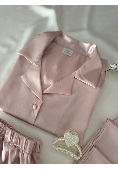 Mh Moony Homewears 3'lü Pudra Renk Saten Pijama Takımı PEMBE