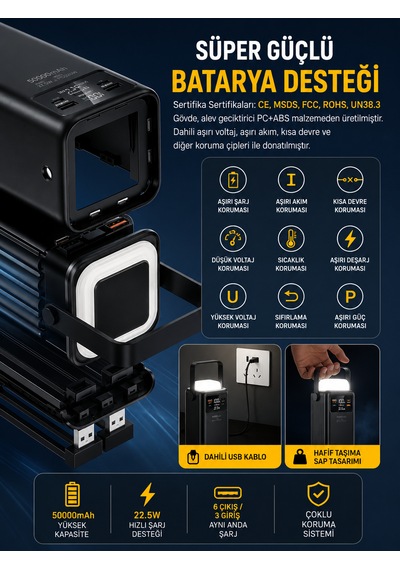 50000mah 22.5w Hızlı Şarj Powerbank Kamp Lambalı Led Işıklı Dahili Kablolu Usb Type-c Girişli siyah