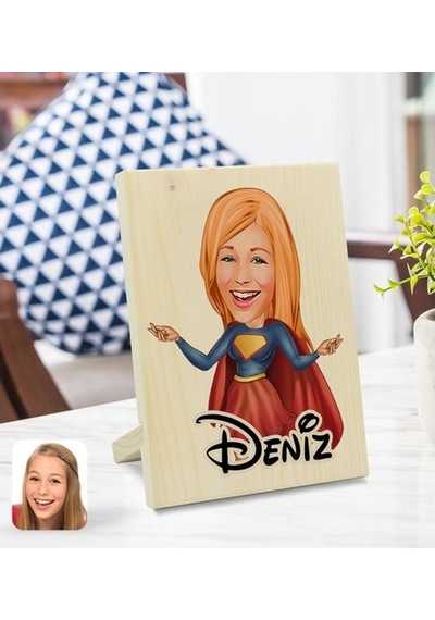 Kişiye Özel Isimli Süper Girl Karikatürlü Dekoratif Ahşap Çerçeve