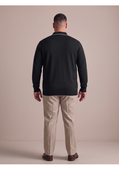 Maccali Erkek Siyah Büyük Beden Gizli Fermuarlı Polo Yaka Triko Sweatshirt