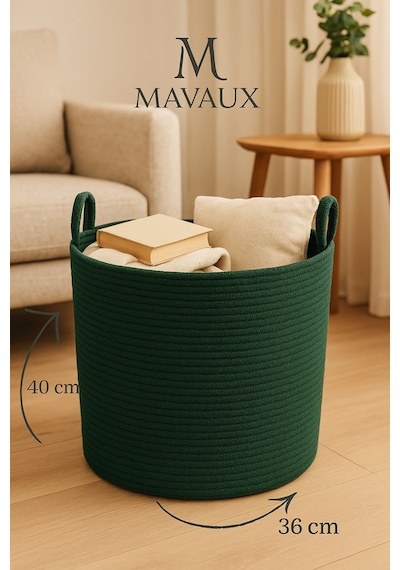 Mavaux El İşçiliği Dokulu Büyük Boy Sepet 40 X 36 Cm Dekoratif Ev Düzeni, Oyuncak Ve Çamaşır Organizer Yeşil