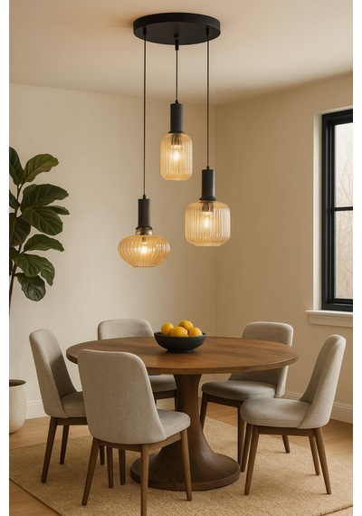 Maksim Modern Tasarım Cafe - Mutfak - Salon - Oturma Odası Renk Camlı 3 Lü Avize Siyah Bal Siyah Bal
