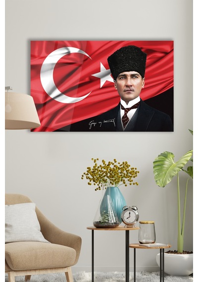 Atatürk Portre Ve Türk Bayrağı Yatay Cam Tablo Evlika, Modern Duvar Dekoru , Kurum Ofis İş Hediyelik Tablo