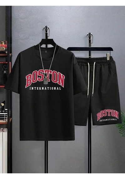 Adrift Erkek Siyah Boston International Baskılı Oversize Şortlu Takım Tw-bstontakims Siyah