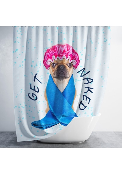 Banyo Duş Perdesi Sevimli Köpek Desen Dijital Baskılı Banyo Perdesi, Tek Kanat C Halkalı-180x200 Cm Çok Renkli