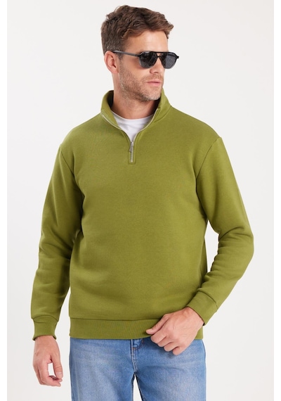 Tudors Unisex Relax Fit Rahat Kesim Pamuklu İçi Polarlı Yarım Fermuarlı Haki Dik Yaka Sweatshirt-31452