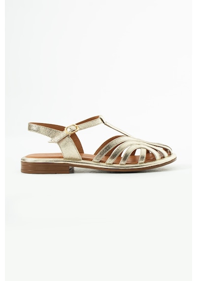 Duxal Shoes Charlotte Hakiki Deri Kafesli T-bant Sandalet Altın