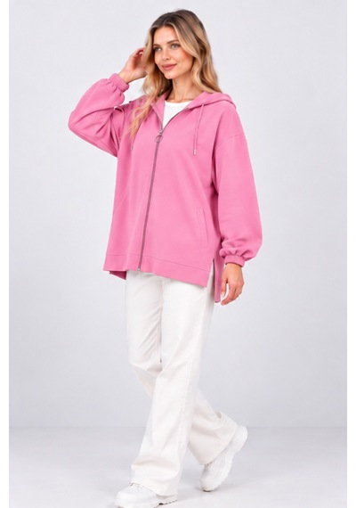 Fiolin Kristal 2 İplik Salaş Fermuarlı Sweatshirt Pembe