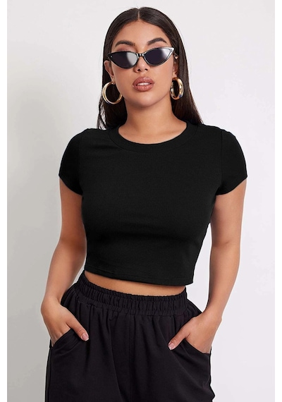 I-moda Kadın Siyah Yuvarlak Yaka Yarım Kol Crop Top Bluz