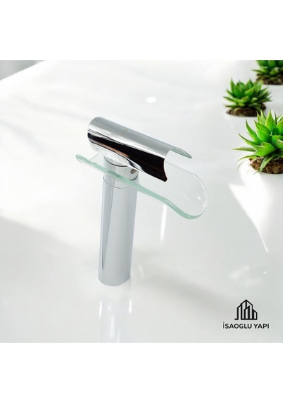 İsaoğlu Yapı Gümüş Çanak Lavabo Bataryası Glass Design Çanak Musluk Yüksek Model Krom Gümüş