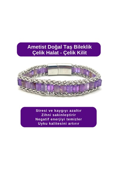 Sertifikalı Ametist Doğal Taş Bileklik Çelik Halat Çelik Kilit Çok Renkli