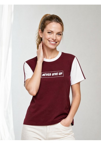 Nealirsanall.com "never Give Up" Baskılı Penye Tişört - Kontrast Kollu Spor Bluz Siyah