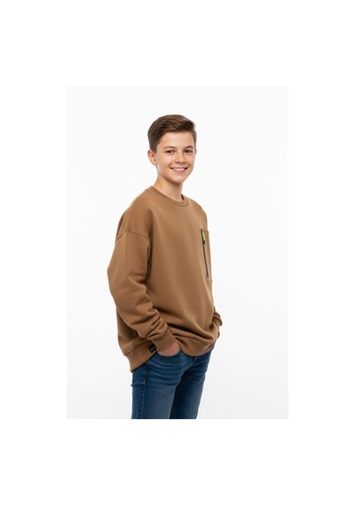 Bisiklet Yaka Cep Fermuar Detaylı Erkek Çocuk Sweatshirt-90854 Kahverengi