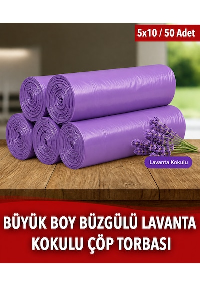 50 Adet Lavanta Kokulu Büzgülü Büyük Boy Çöp Torbası 65x70