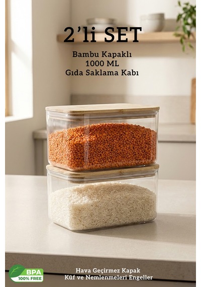 Bambu Kapaklı 2 Li Dikdörtgen Hava Geçirmez Çok Amaçlı Bakliyat Gıda Saklama Kabı - 1000 Ml Şeffaf