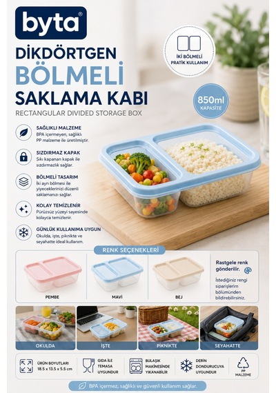 850 Ml İki Bölmeli Beslenme Kabı Sızdırmaz Kapaklı Lunch Box, Bpa İçermez Karışık Renk Gönderim Mavi