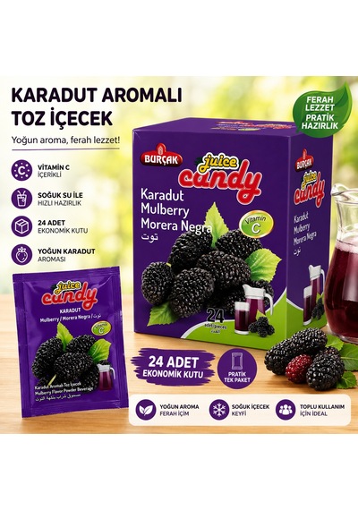 24 Lü Karadut Aromalı Toz İçecek Vitamin C İçerikli Pratik Tek Kullanımlık Soğuk İçecek Tozu Diğer