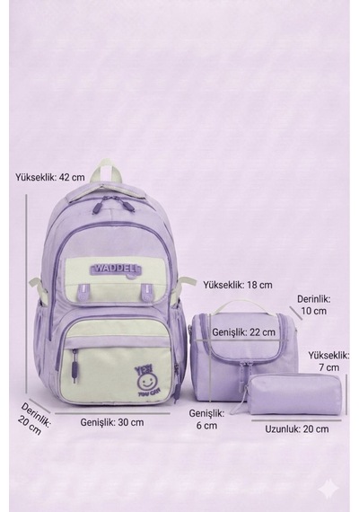 Waddell Lisanslı Twill Modeli 3'lü Set İlkokul Ortaokul Günlük Okul Sırt Çantası Beslenme Kalemlik 26102 Lila
