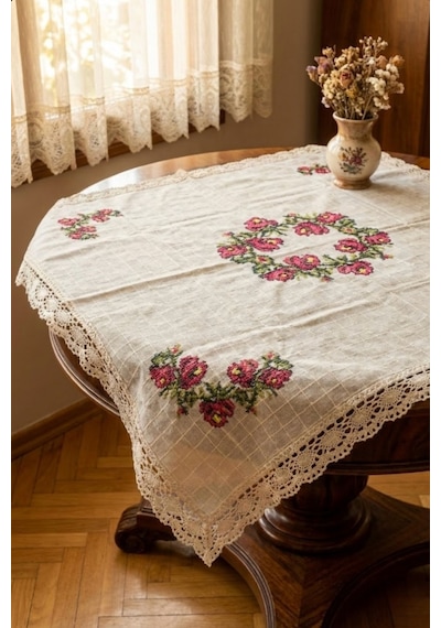 Handmade Kanaviçe İşlemeli Güpürlü Masa Örtüsü Monika Kumaş Nostalji Serisi Ekru