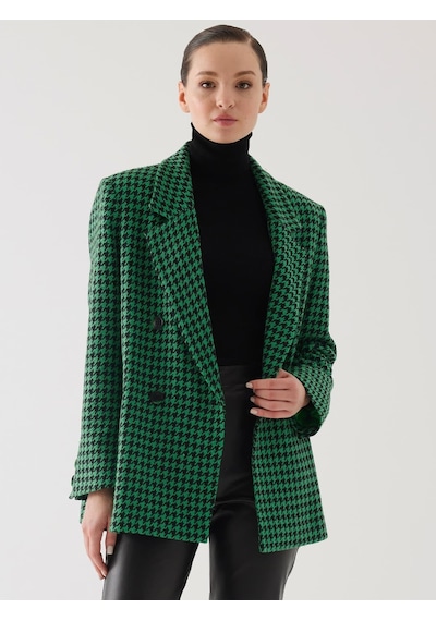 Juste Kazayağı Desen Kruvaze Yeşil Oversize Blazer Ceket Çok Renkli 34