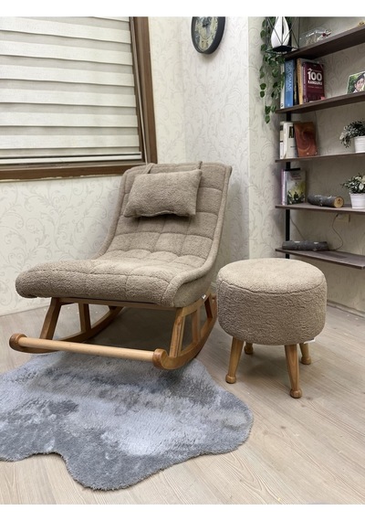 Asedia Miskin Naturel Teddy Kahve Ahşap Ayaklı Peluş Puf Makyaj Koltuğu Yuvarlak Tabure