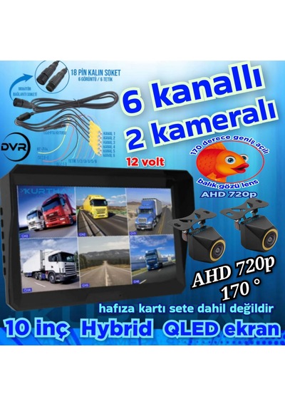 2 Adet 4x3 Cm. Ahd 720p 170 Derece Balık Gözü Kamera 10 İnç 6 Kanallı Qled Ekran 12 V 256 Gb