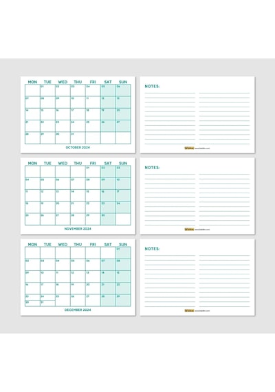 Yeşil Renkli Aylık Planlama 2027 Takvim, 2027 Masa Takvimi, Green Color Monthly Planner Calendar