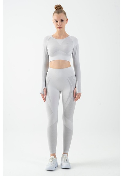 Maraton Active Slimfit Kadın Bisiklet Yaka Uzun Kol Fitness Ekru Crop Top 816013 Ekru