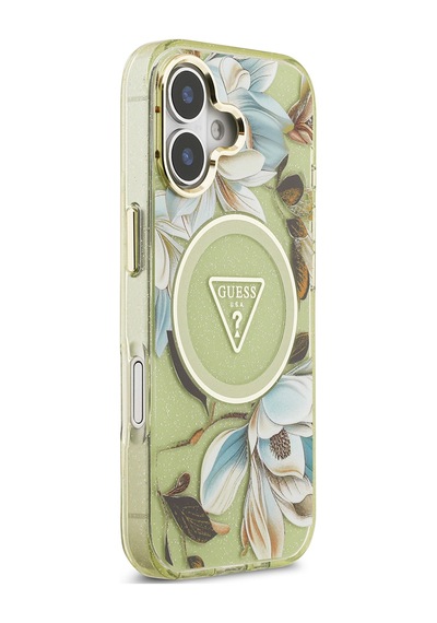 Apple Uyumlu iPhone 17 Kılıf Guess Lisanslı M-safeli Simli Çiçek Desen Metal Kamera Çerçeveli Üçgen Logolu Yeşil Yeşil