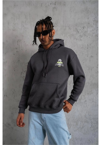 Erkek Baskılı Kapüşonlu 3 İplik Pamuklu Hoodie Sweatshirt - Gri