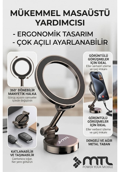 Katlanabilir Magsafe Uyumlu 360 Döner Çok Açılı Metal Telefon Standı Ve Araç İçi Telefon Tutucu Gri