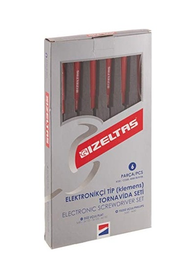 İzeltaş 4500008106 Elektronikçi Tip Klemens Tornavidalar, 6'lı, Krom Vanadyum Çelik, Kırmızı