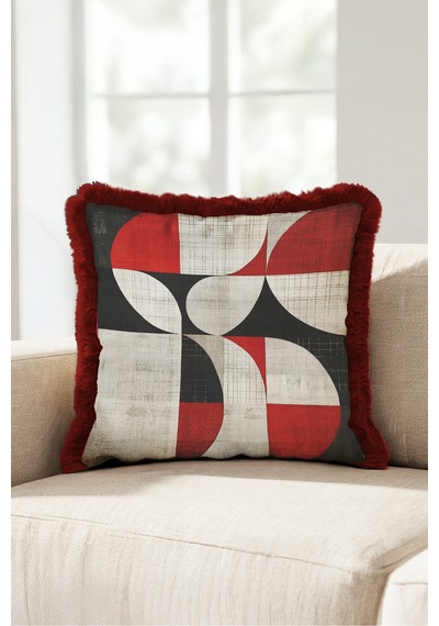 Geometrik Soyut Desen Saçaklı Yastık Kılıfı - Retro Eklektik Gri Siyah Bordo Püsküllü Kırlent Kılıfı Puslu Sahil Ritüel