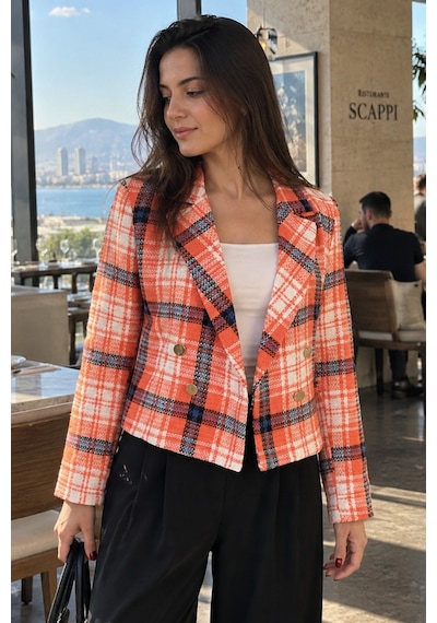 Armonika Kadın Turuncu-siyah Kruvaze Yaka Tüvit Crop Ceket Arm-24k001014