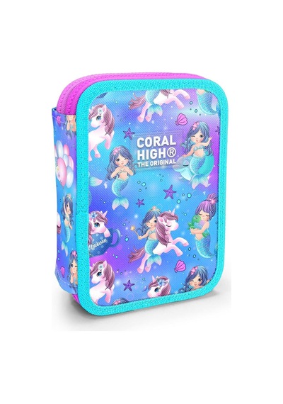 Kids Mor Pembe Unicorn Deniz Kızı Desenli Çift Katlı Kalem Çanta 11138 Mavi Lila Çok Renkli